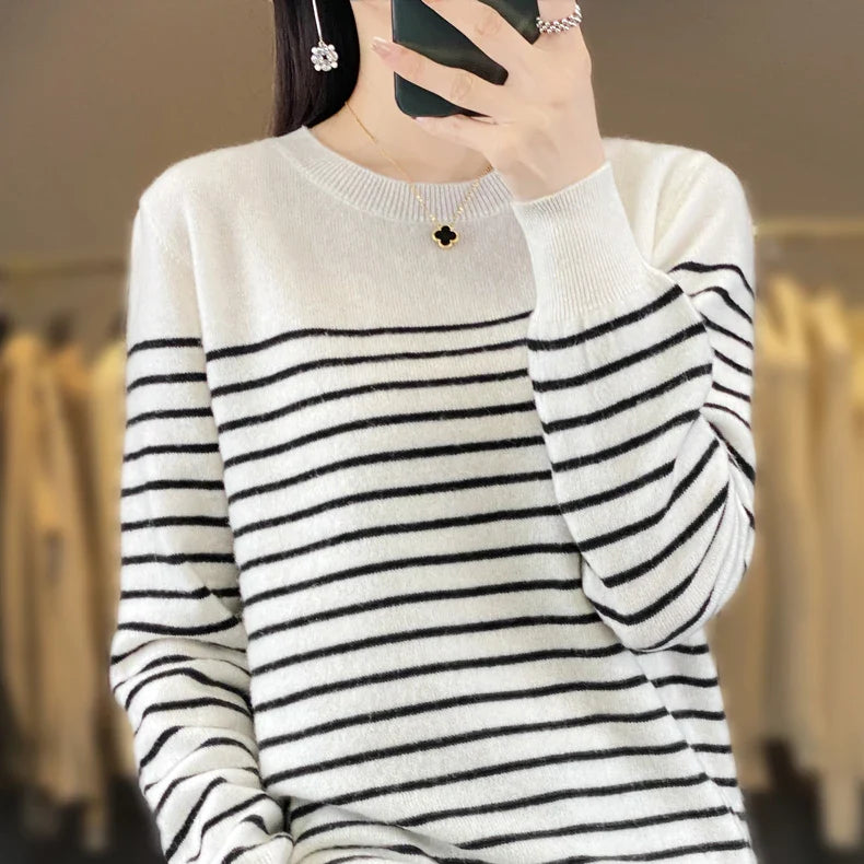 qgtao 2024 autumn/winter striped sweater women's cashmere sweater loose round neck pullover sweater long sleeved bottom sweater