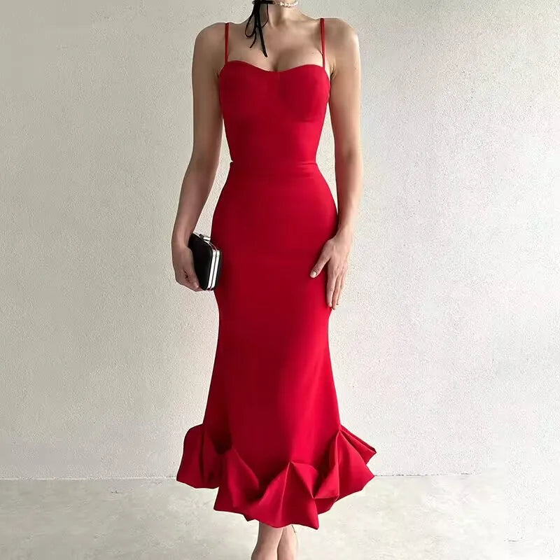 qgtao Sexy Sleeveless Backless Midi Dress Women 2024 Summer Fashion Bodycon Elegant Ruffles Eged Birthday Party Club Pencil Dess