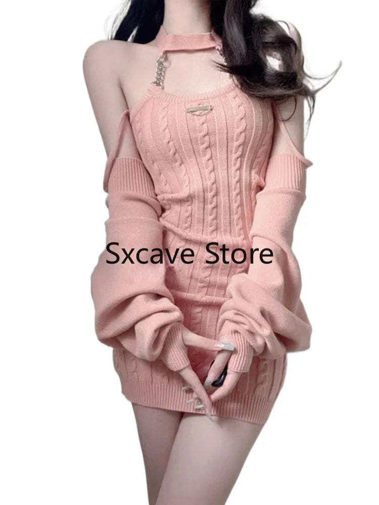 qgtao Autumn Pink Knitted Suits Office Lady Casual Y2k Crop Tops + Mini Dress Korea Fashion Clothing Even Party 2 Piece Dress Set