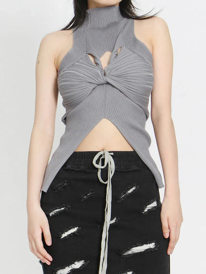 qgtao Sexy Crop Top Women T shirt Summer Cut Out Vest Round Collar Sleeveless Solid Knitting Tank Tops  Hollow Out Street wear