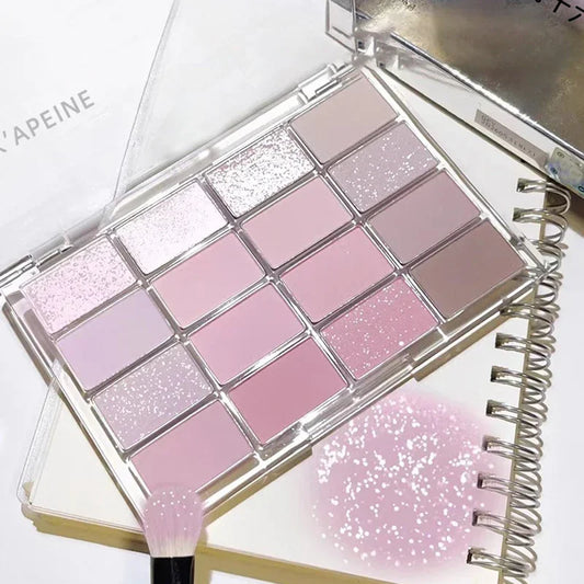 qgtao 16 Colors Eyeshadow Palette Low Saturation Rose Pink Pearly Matte Glitter Eyeshadow Shiny Eye Shadow Long-lasting Eye Makeup