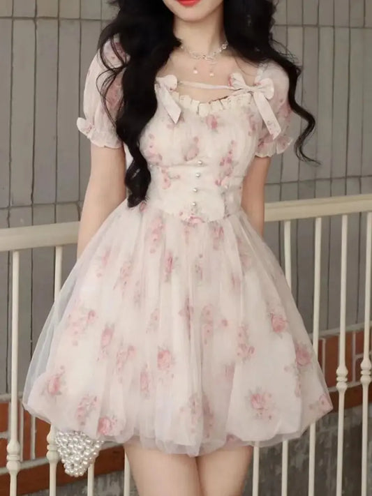 qgtao Y2K Floral Print Short Dresses for Women Kawaii Birthday Party Dress High Waist A-Line Slim Spring Summer New Prom Vestido Mujer