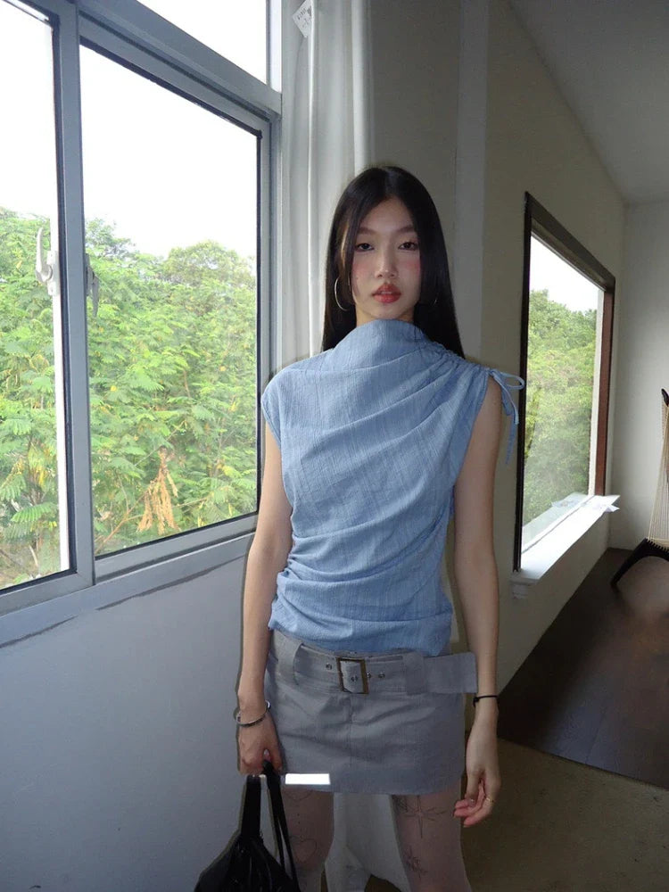 qgtao  -  Blue Sleeveless Tank Tops Women Striped Irregular T-shirts for girl Drawstring Lace Up High Neck Tees Hip Hop Streetwear