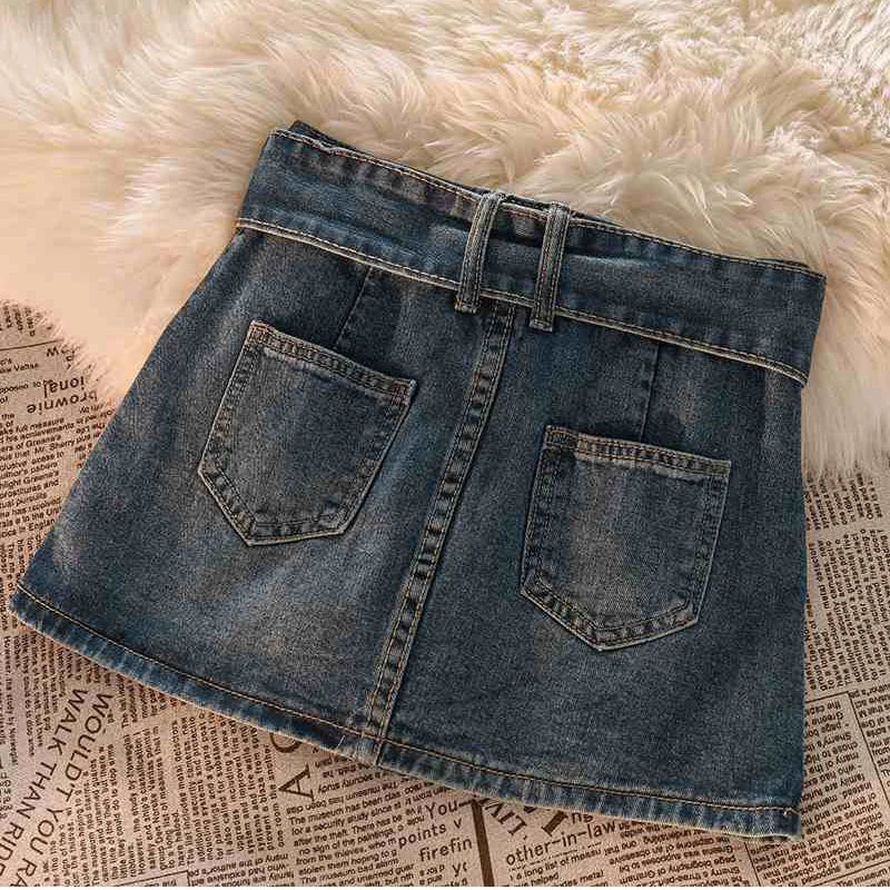 qgtao Vintage Denim Mini Skirts Women Summer Sexy Solid Belt Jeans Skirts Female Casual Ball Gown Korean Slim A Line Skirts