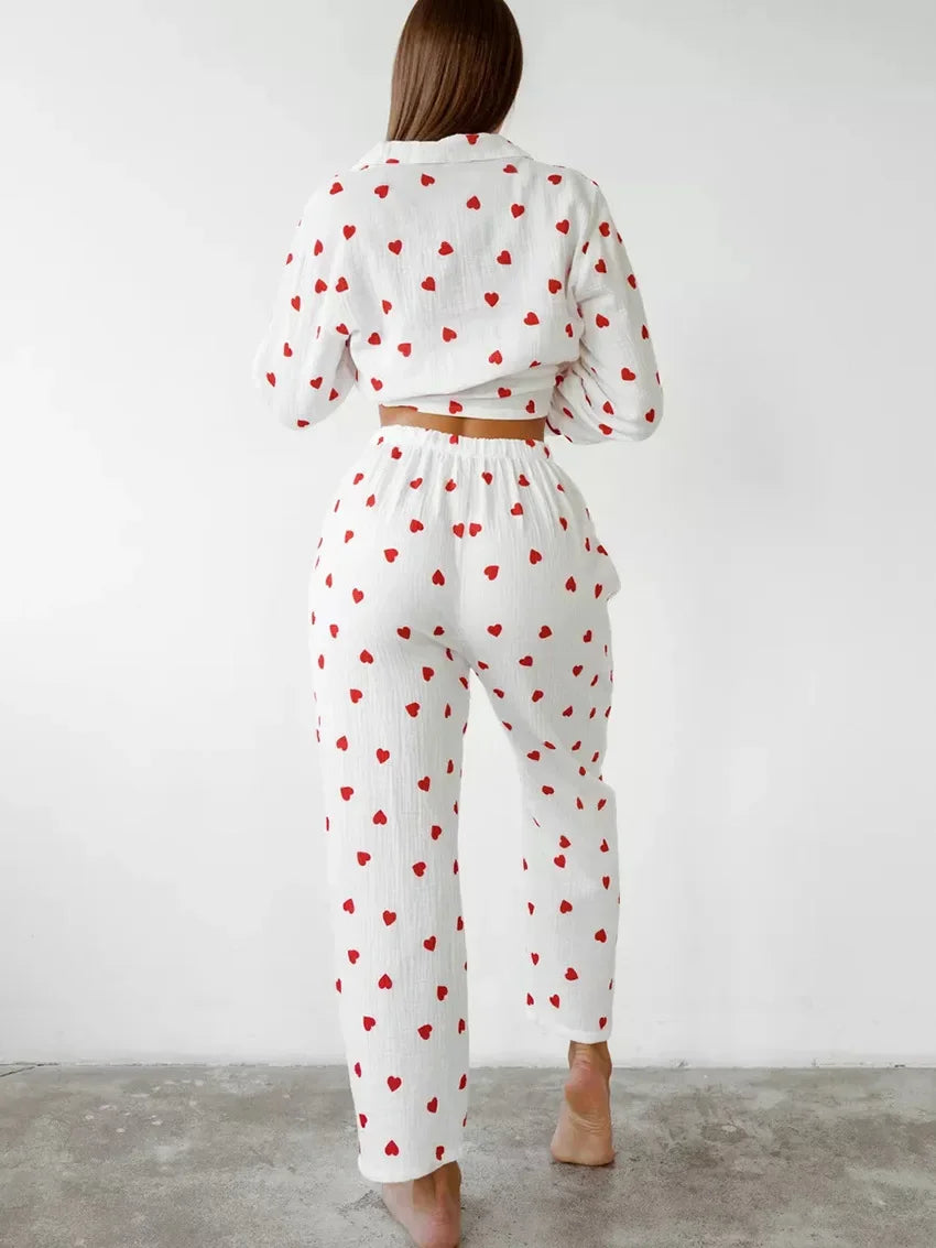 qgtao Lovely pure Cotton Women's Pajamas Ins Tiktok Popular Sweet Heart Printed Sleepwear Comfort Soft Cute Two-piece Set Homeclothing