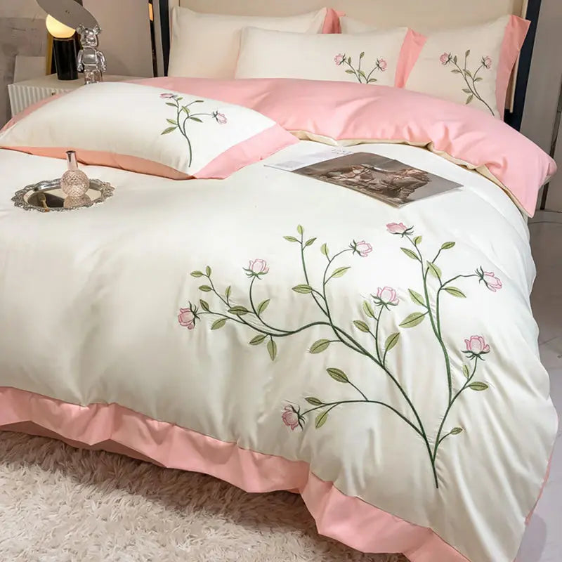 Yeknu Washed Cotton Embroidery Bedroom Four-piece Set Full Quilt Cover Princess Style Queen Bed Sheet King Bedding Three-piece Bedding