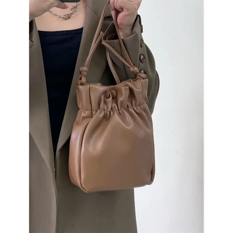 qgtao Korean Cute Pleated Bucket Bag Women Fashion All-Match Texture Soft Leather Mini Bag Popular Shoulder Crossbody Mobile Phone Bag