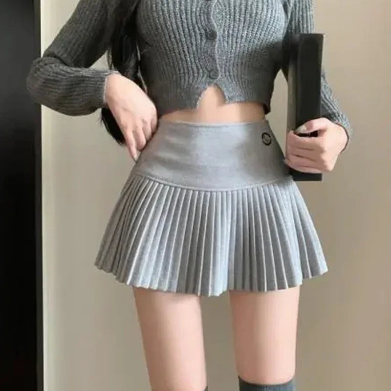 qgtao Fashion Woolen Pleated Skirts Women Korean Chic Sexy High Waist A-Line Skirts Y2K Summer Solid Preppy All Match Mini Skirts