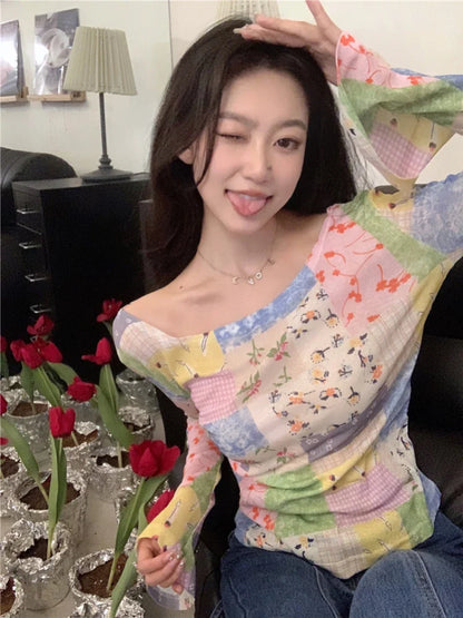 qgtao  -   Harajuku Patchwork T Shirt Women Flare Sleeve Hotsweet Slim Tees Korean Fashion Girl Tops Designer Y2k Aesthetic Clothes