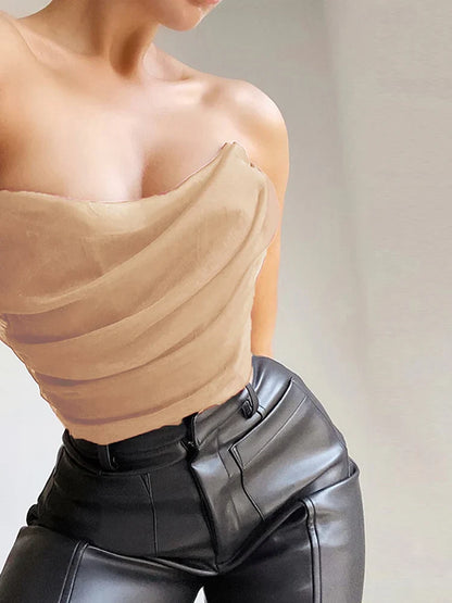 Colysmo Mesh Crop Top Women Summer Tops Sexy Party Club Wear Off Shoulder Corset Top Solid Color Casual Streetwear Tube Top
