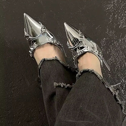 qgtao Y2K Silver High Heels Sandals Women Summer 2024 Punk Goth Pointed Toe Party Shoes Woman Metallic Thin Heeled Dress Pumps Ladies