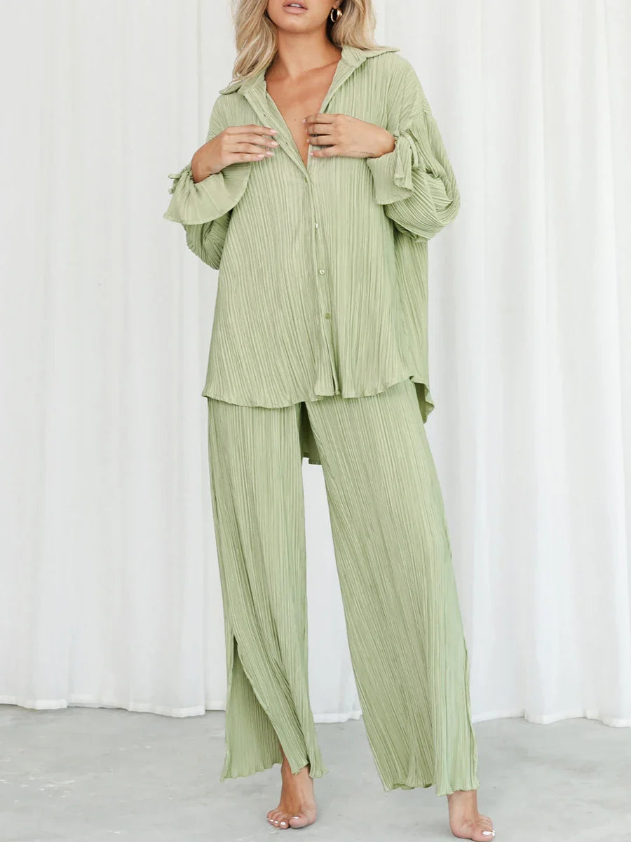 qgtao Women Pleated Pants Suits Set Casual Chic Solid Color Long Sleeve Oversize and Wide Leg Pants Trousers 2023 Elegant Tracksuit