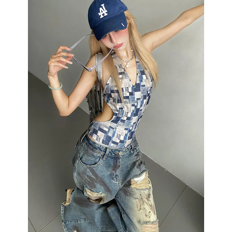 qgtao  -  Women Ripped Blue Y2k Jeans Harajuku Streetwear Denim Trousers Aesthetic Jean Pants Vintage Japanese 2000s Style Trashy Clothes