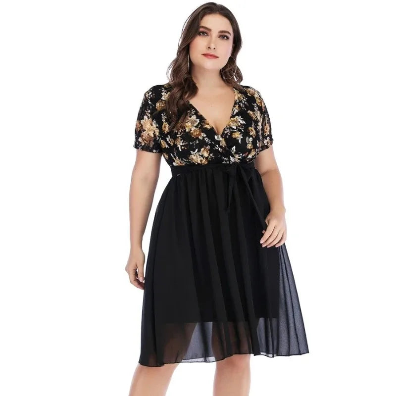 qgtao Plus Size Loose Floral Print Dress V Neck Short Sleeve High Waist Lace Up Perspective Mesh Splicing Elegant Vestido Feminino