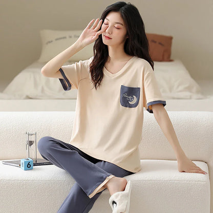 qgtao M-2XL 100% Cotton Women's Pajamas Casual Summer Short Sleeve Thin Pijama Sets Breathable Soft Pajama Sleepwear With Two Pockets