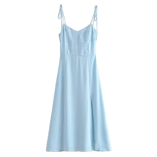 qgtao   Women French Style Light Blue Front Slit Sling Dresses Sexy Sleeveless High Waist Female Holiday Summer Chiffon Dress