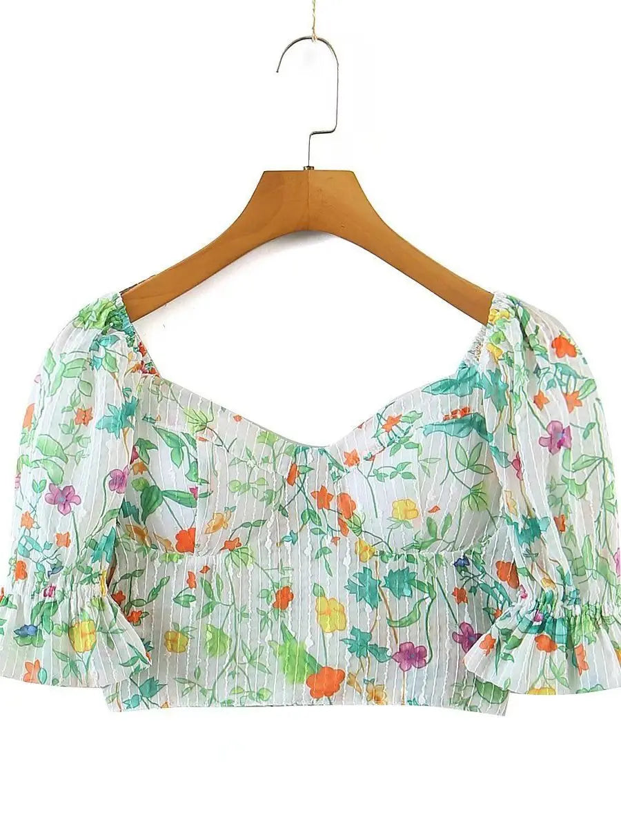 With Pad Green Floral Print Short T-shirt Puff Sleeve Crop Top Sexy Corset Women Splice Ruched Hem Mini Skirt Matching Set