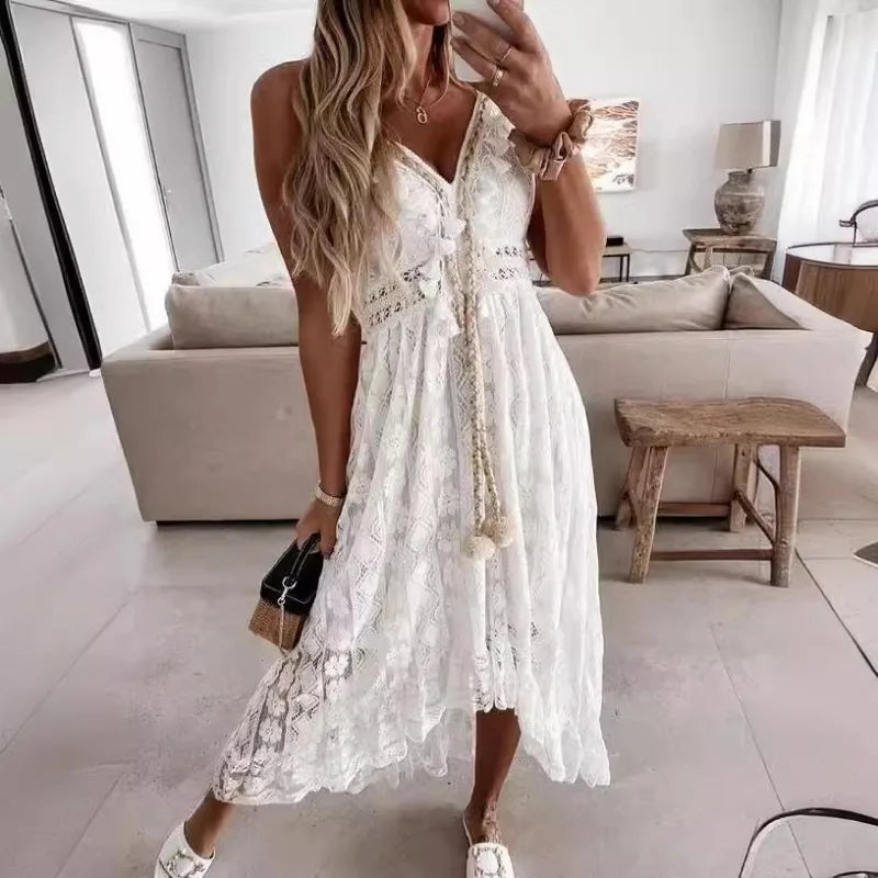 qgtao Women's Summer Beach Dress Cover Up Slip Boho Maxi Dress Lace Up Tassel V-Neck Flare Ruffle White Beach Dresses 2024 Vacation