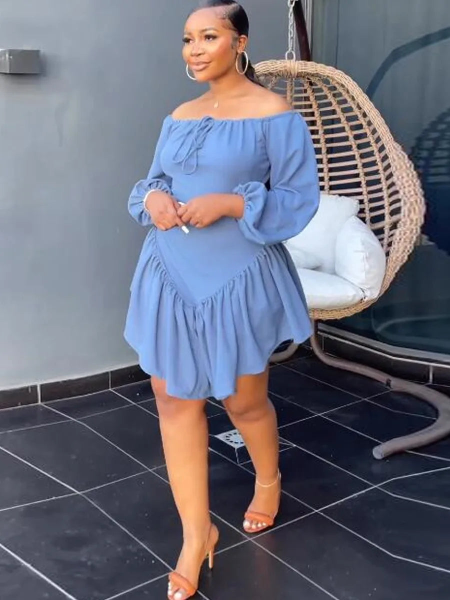 qgtao  Plus Size dress Off The Shoulder Drawstring Ruffle Design Dress Autumn NEW sexy long sleeve dresses 2023 Casual Mini Dresses