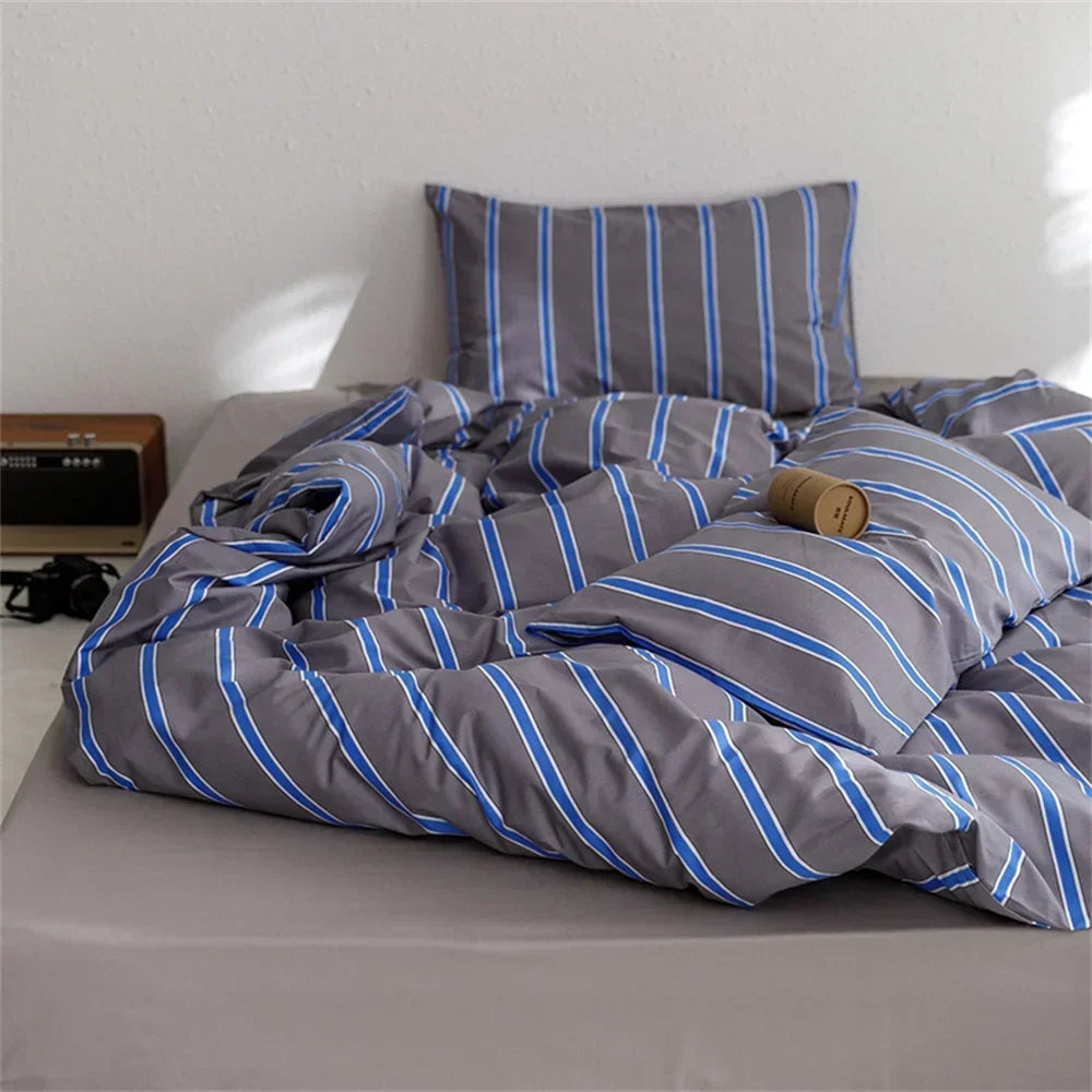 Yeknu Nordic Grey Blue Stripes Duvet Cover Set Cotton Queen King Size Bedding Set Bedlinens Sheet Pillowcases