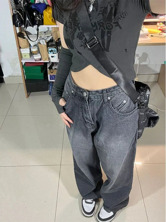 qgtao  Vintage Black Baggy Jeans Women Korean Street wear Oversize Harajuku High Waist Pants Grunge Y2K Denim Wide Leg Trousers