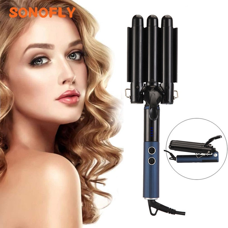 SONOFLY Foldable Hair Curling Iron 25mm Triple Barrel Ceramic Professional Curler LED Temperature Control Styling Tools JF-813