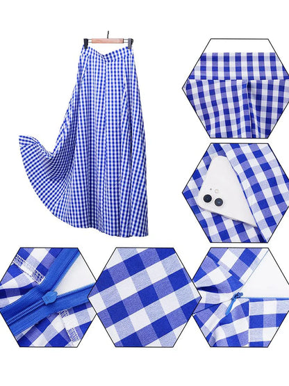 Fashion Plaid Skirt Women Boho Long Dress Summer Elegant Sexy Elastic Aline Skirt Lady Casual Loose High Waist Skirt With Pocket