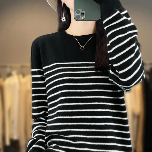 qgtao 2024 autumn/winter striped sweater women's cashmere sweater loose round neck pullover sweater long sleeved bottom sweater