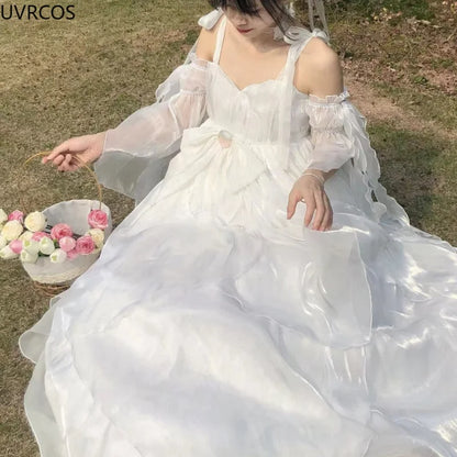 Vintage Elegant Evening Party Long Dress Women Gradient Blue Kawaii Lolita Jsk Dresses Female Bow Bandage Princess Fairy Dress