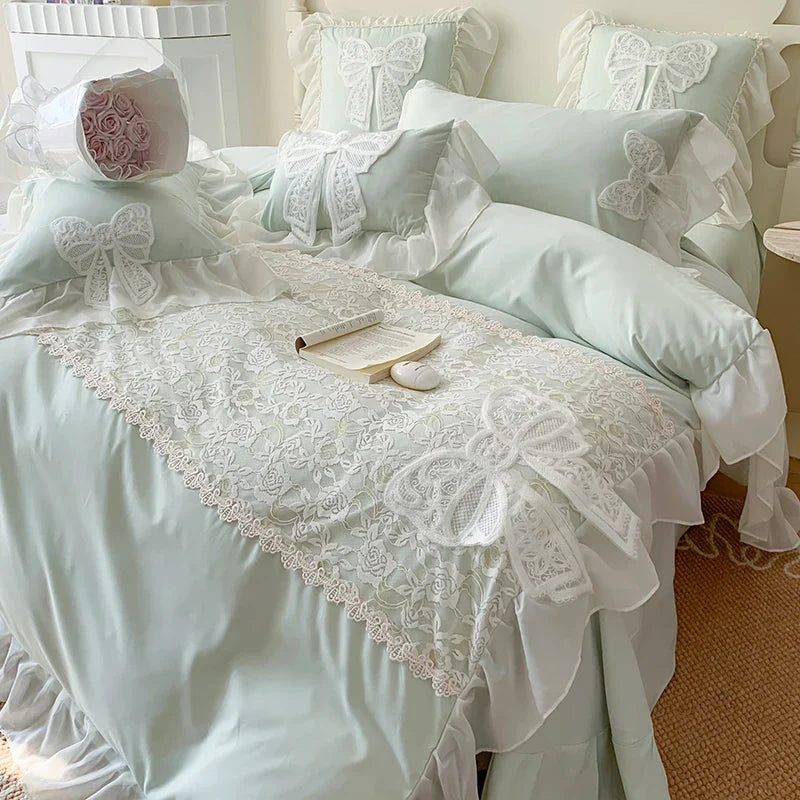 Yeknu Korean Princess Bedding Set Lace Bow  Beauty Solid Color Lace Ruffle Quilt Cover Luxury Girls Wedding Home Textiles Duver Cover