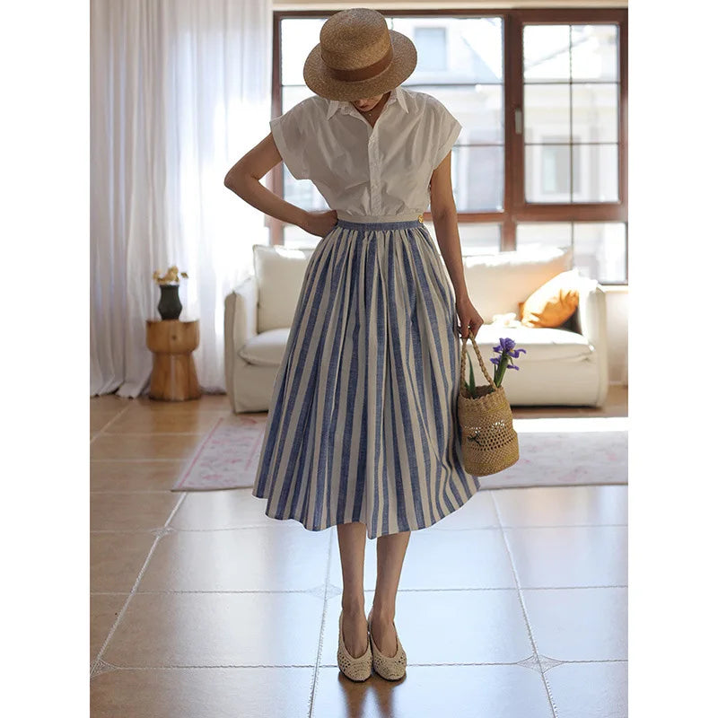 qgtao Women High Rise Blue Striped Vintage Midi Skirt 2024 Summer New In Swing Skirt