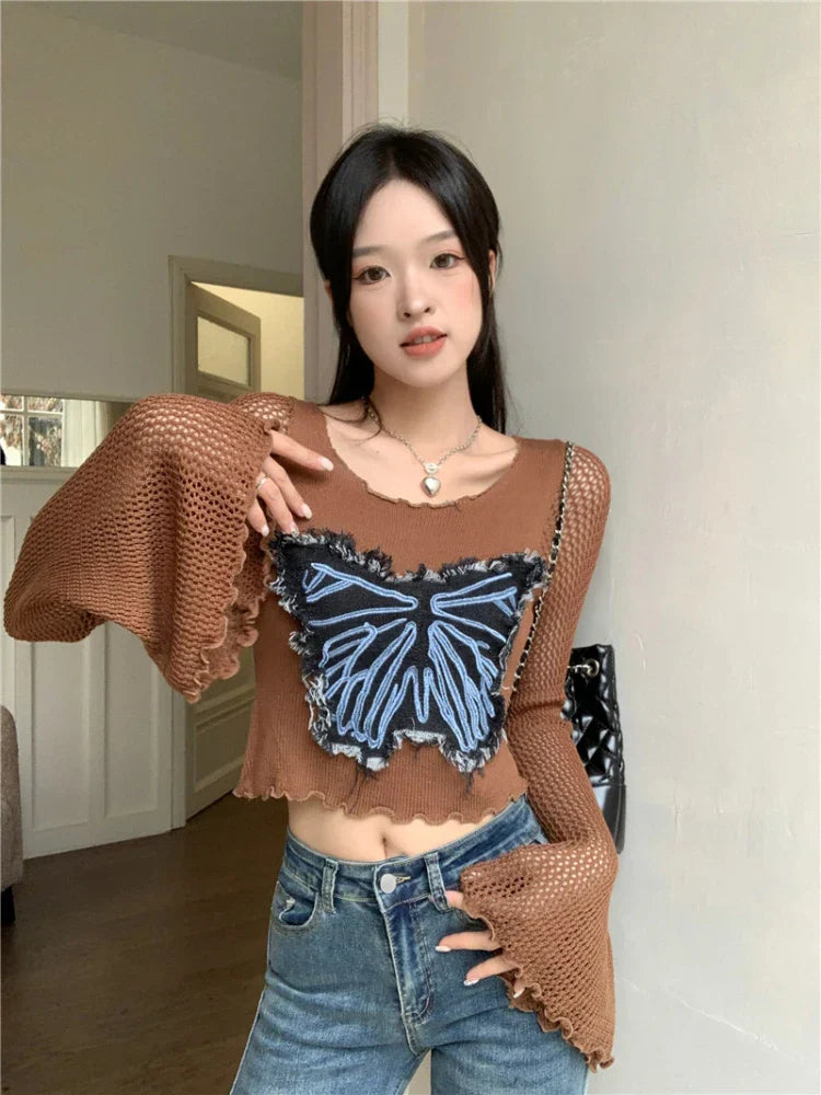 qgtao Y2k Sweater Vintage Butterfly Embroidery Knitted Pullover Suqare Neck Long Hollow Out Flare Sleeves 2024  Autumn Tops.