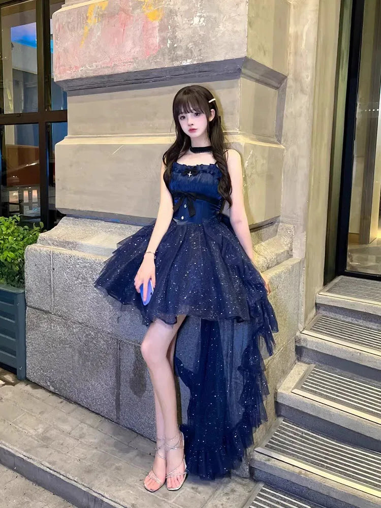 qgtao New Blue Color Dress Formal Cute Thin and Glittering Trailing Pettiskirt