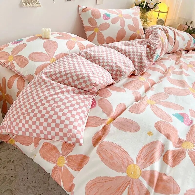 Yeknu - Kawaii Cherry Duvet Cover Set Pillowcase Flat Sheet Floral Boys Girls Twin Full Size Soft Bedding Kit Korean Ins Style Home Use