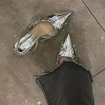 qgtao Y2K Silver High Heels Sandals Women Summer 2024 Punk Goth Pointed Toe Party Shoes Woman Metallic Thin Heeled Dress Pumps Ladies