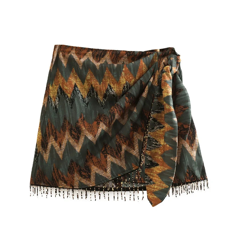 qgtao Summer New Vintage Geometric Print Mini Skirt Side Knotted Sarong Beaded Fringe Wrap Vestidos Casual Zip Short Skort Mujer