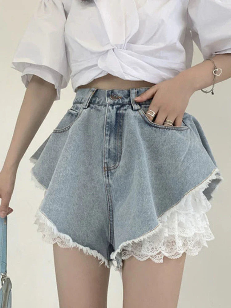 qgtao  -  Blue Lace Denim Shorts Women Y2k Fashion Loose High Waist Korean Style Causal A-line Jeans Streetwear Retro Summer Pants