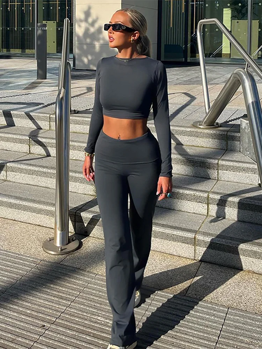 qgtao Leisure Fold Over Pants Suit Women Crew Long Sleeve Slim Crop Top Flare Pants Sports Causal Set Hottie Autumn Street wear