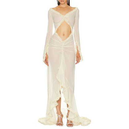 qgtao Sexy Women's Babydoll Lingerie Long Sleeve V Neck Chemise Mesh Nightwear Long Gown Frill Trim Sheer Nighty Dress