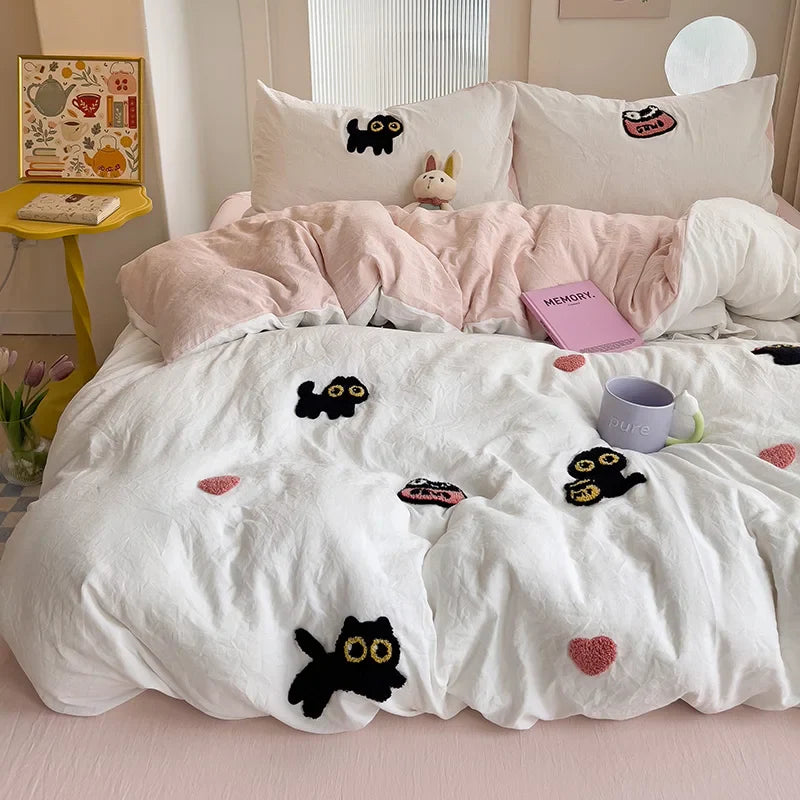 Yeknu Bedding Set Super Soft Washed Cotton Towel Embroidery Duvet Cover Four Piece Set - Lucky Cat Series