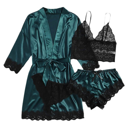 qgtao Woman Sleepwear 4pcs Floral Lace Trim Satin Pajamas Set with Robe Sexy Faux Silk Pijamas Robe Sets Casual Home Clothes Nightwear sleepwear