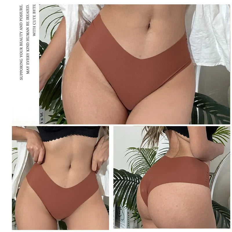 qgtao 3PCS Women's Seamless Maillard Underwear Sexy V-Shaped Mid Waist Ice Silk Briefs 10 Soild Color Cozy Stretch Sexy Underpant S-XL