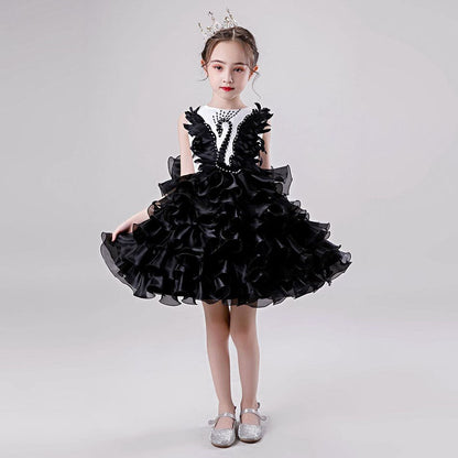 Princess Dress Red Black Swan Evening Dress+Crown Gril Dress Beaded Swan Dance Costume Short TuTu Dress Kids Tulle Summer Dress