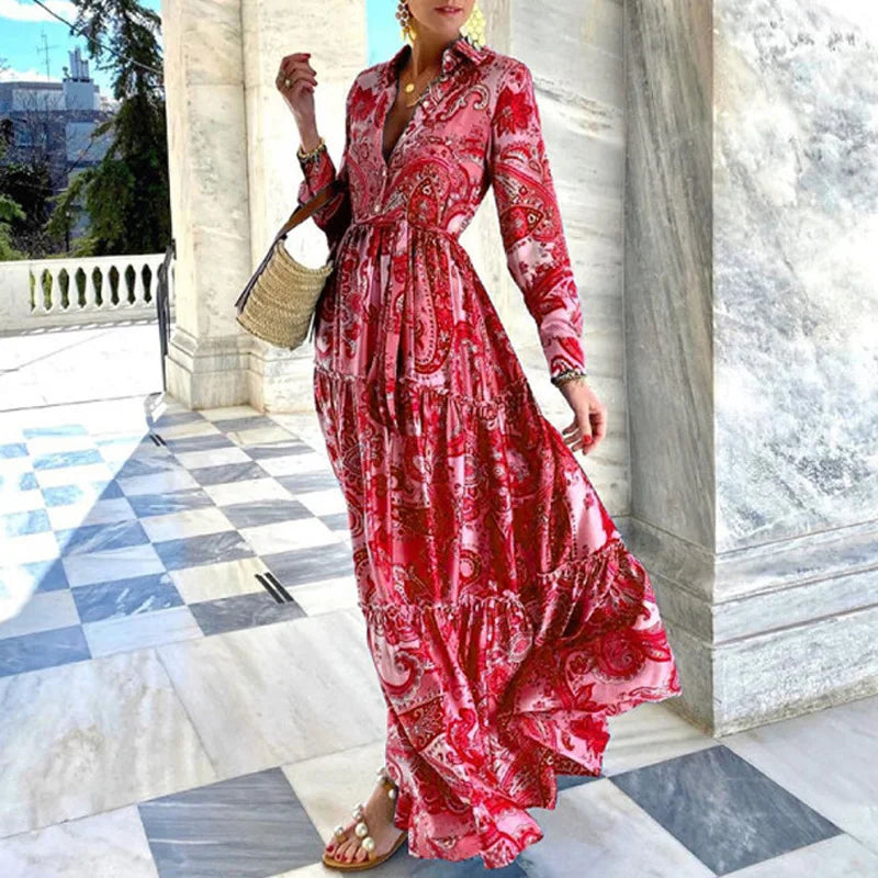 qgtao Summer Loose Boho Maxi Beach Dress Sexy Turn-down Collar Button Long Shirt Dress Women Spring Floral Print Pleated Party Dresses