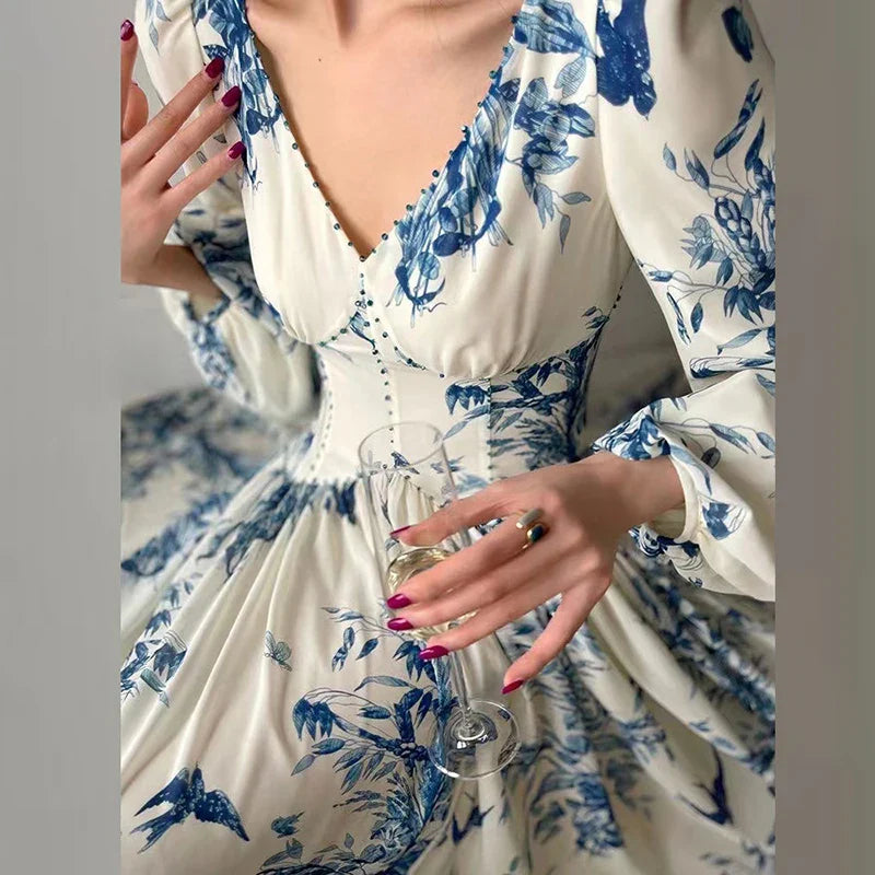 qgtao French Vintage Dress Women 2024 Spring V Neck Beaded Empire Chiffon Long Dress Autumn Printed Lantern Sleeve Hem Boho Maxi Dress