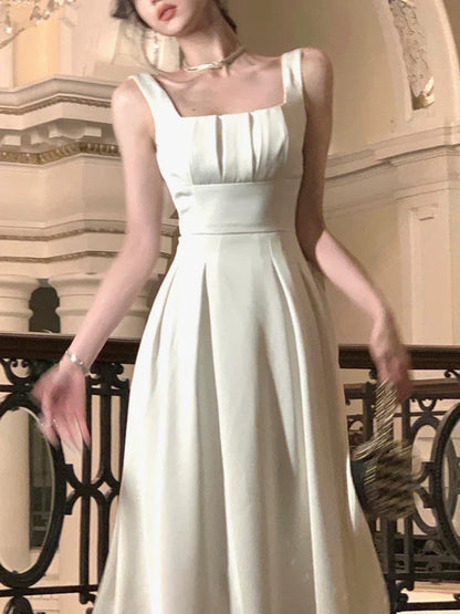 qgtao-Vintage Elegant Dress for Women Sleeveless Square Collar Spaghetti Strap Fashion Party Evening French Dress 2024 New Summer