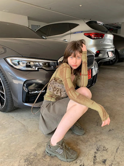 HOUZHOU Vintage Y2k T-shirts Women Grunge Aesthetics Tie Dye Long Sleeve Tees Hippie Korean 2000s Streetwear Harajuku Female