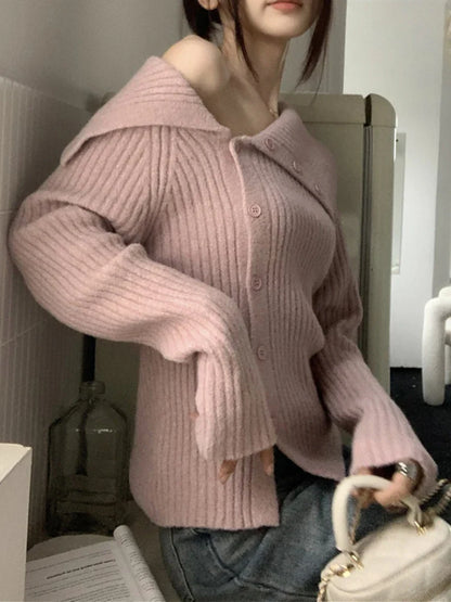 UCXQ Winter Women's Sweater 2024 New Versatile Sexy Coats Solid Irregular Off Shoulder Knitted Cardigan French Retro Knitwears