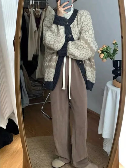 Vintage Jacquard Button Knitted Women Sweater Fashion Office Lady Style Warm Sweater Cardigan Sweet Girls Retro Knitwear