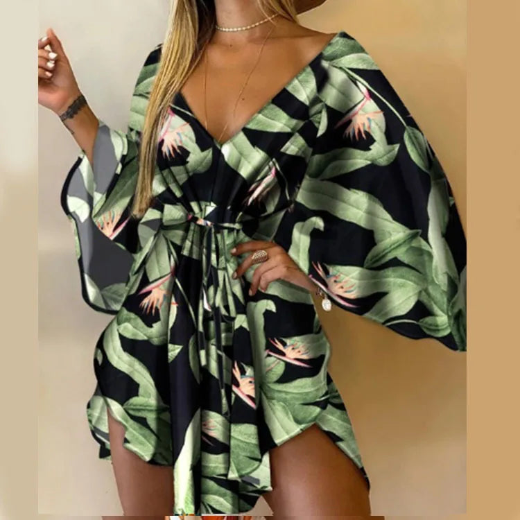 qgtao Sexy Women Autumn Mini Dress Floral Print V Neck 3/4 Bat Sleeve Lace Up Irregular Hem Casual Loose Beach Cover Up Dress